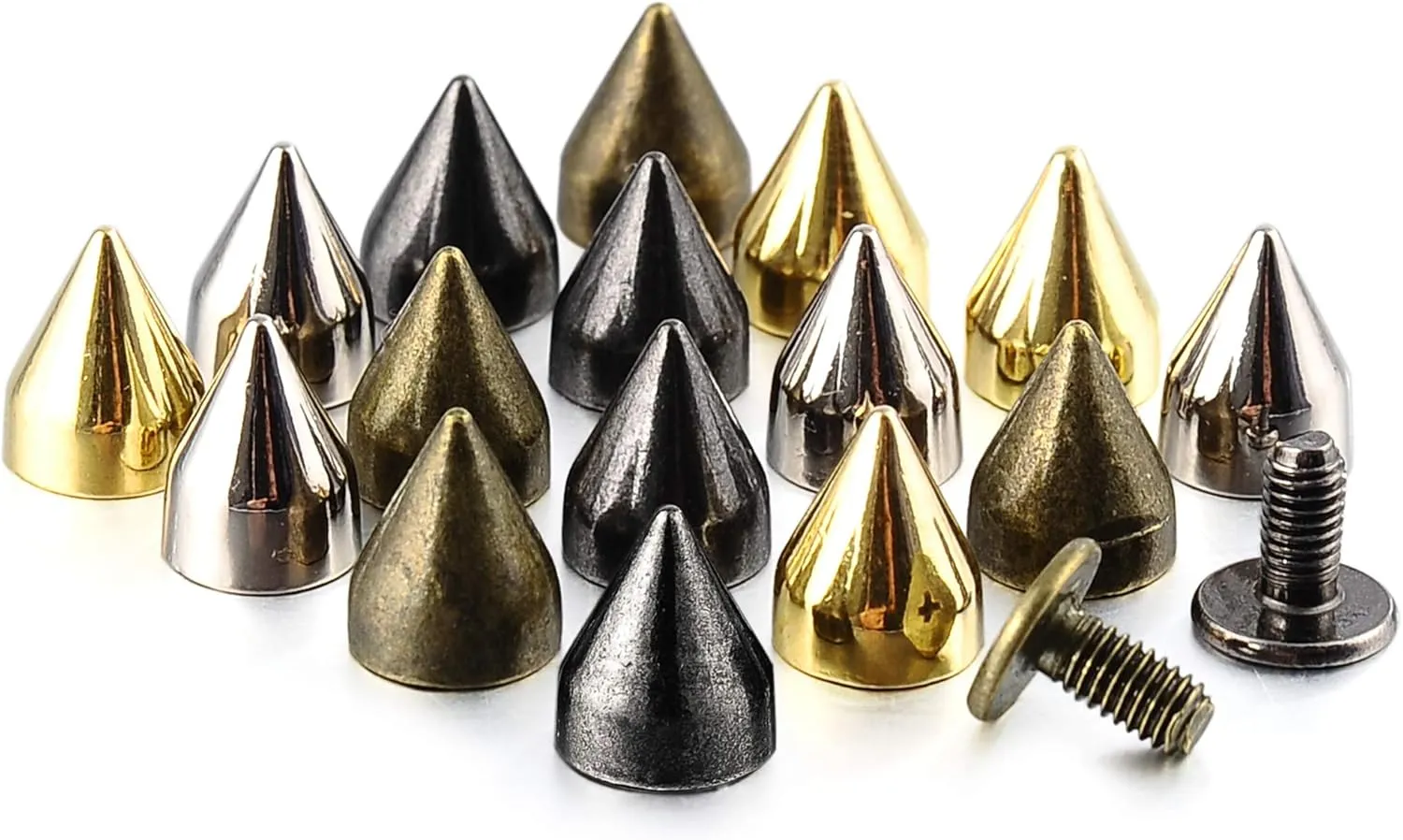 100 Sets 9MM Mixed Color Spikes and Studs Metal Bullet Cone Spikes Screw Back Leather Craft Rapid Rivet Screws Punk Studs and Spikes for Clothing Shoes Leather Belts Bag Rivets 11/32 Inch