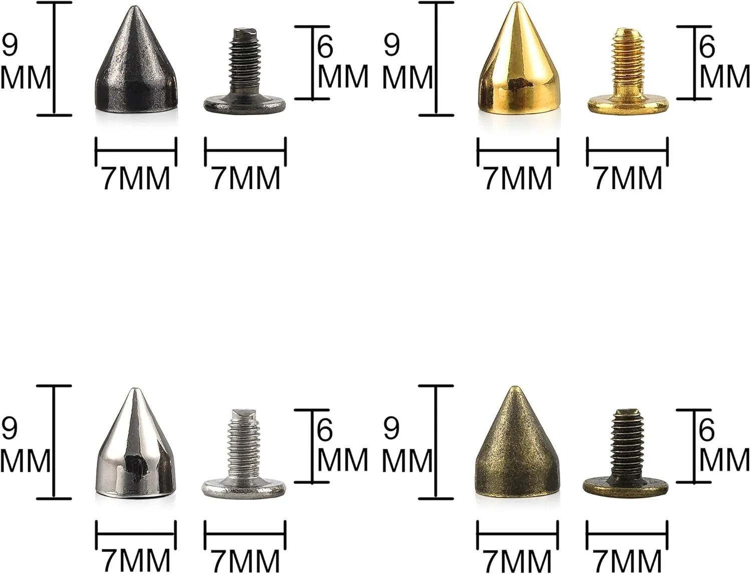 100 Sets 9MM Mixed Color Spikes and Studs Metal Bullet Cone Spikes Screw Back Leather Craft Rapid Rivet Screws Punk Studs and Spikes for Clothing Shoes Leather Belts Bag Rivets 11/32 Inch