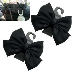 2 PCS Automobile Seat Headrest Hooks, Cute Bow Vehicle Hooks for Purses and Bags, Car Storage Rack Decorative Accessories, Can Hang Bags, Clothes, Umbrellas, Water Cups (Black)