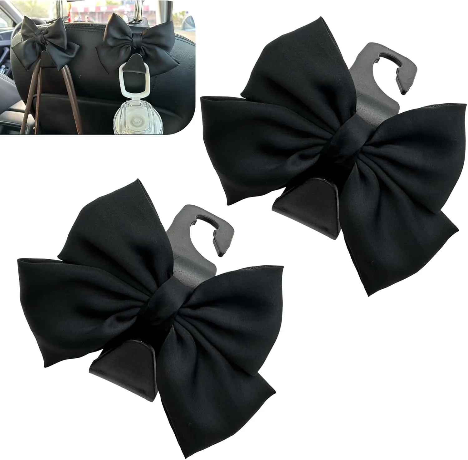 2 PCS Automobile Seat Headrest Hooks, Cute Bow Vehicle Hooks for Purses and Bags, Car Storage Rack Decorative Accessories, Can Hang Bags, Clothes, Umbrellas, Water Cups (Black)