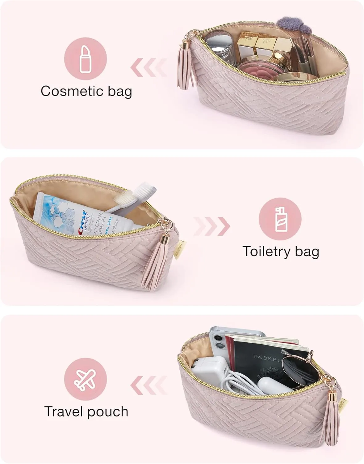 BAGSMART Cosmetic Pouch, Makeup Pouch Set,2 Pcs Small Makeup Bag for Purse,Travel Cosmetic Bag for Makeup Brushes Lipsticks Electonic Accessories, Pink Black