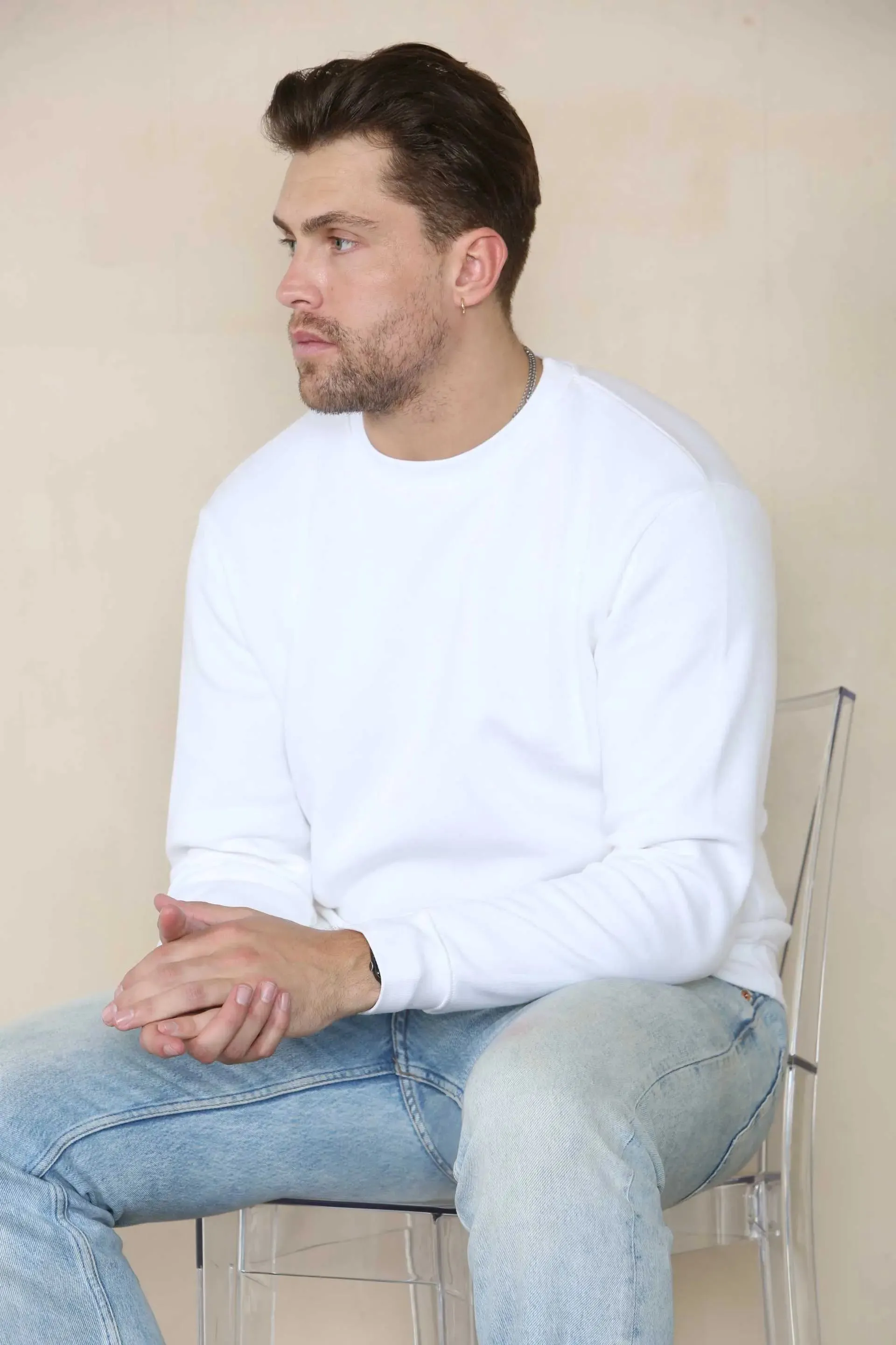 Basic Crew Neck Sweatshirt- White  For Men