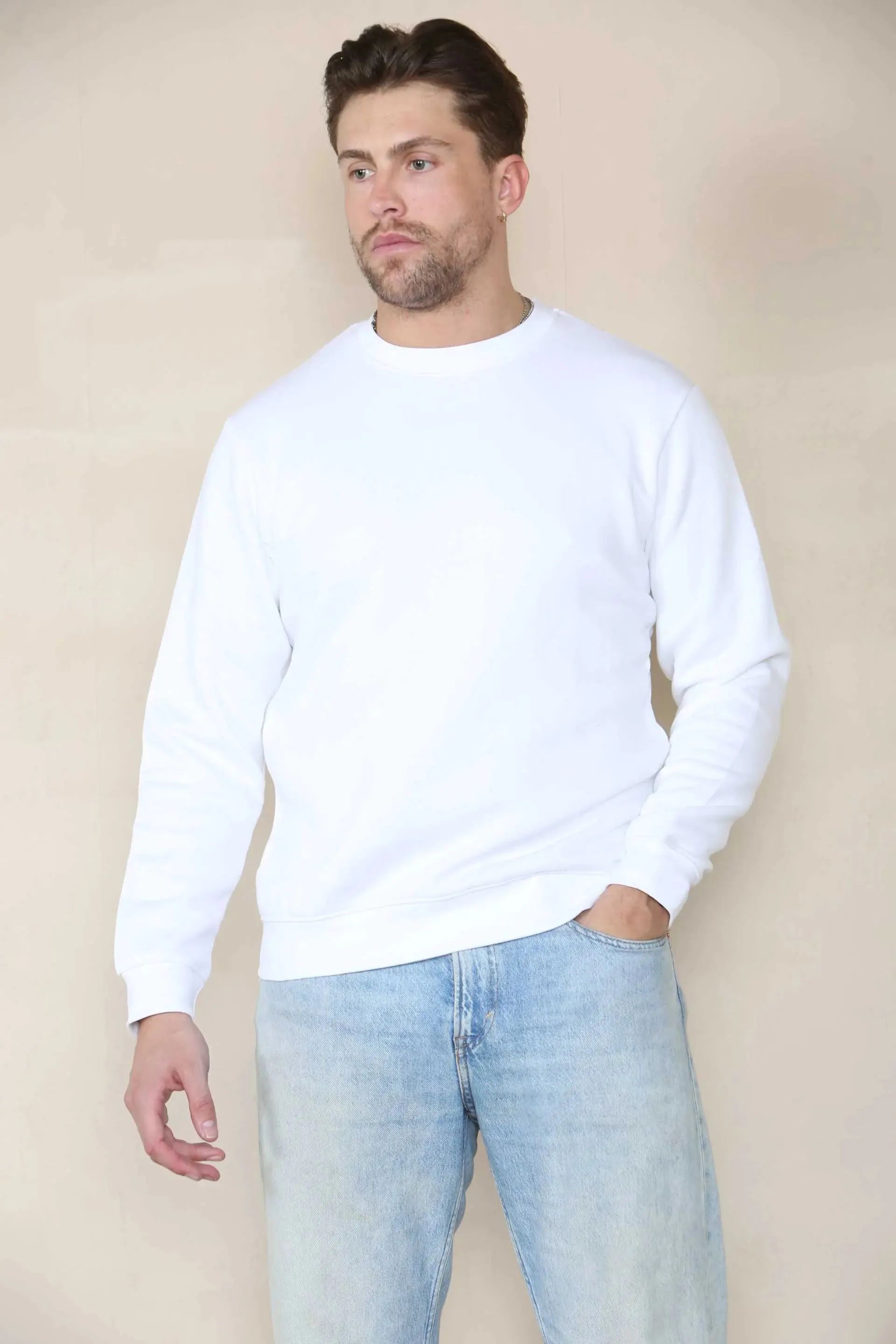 Basic Crew Neck Sweatshirt- White  For Men