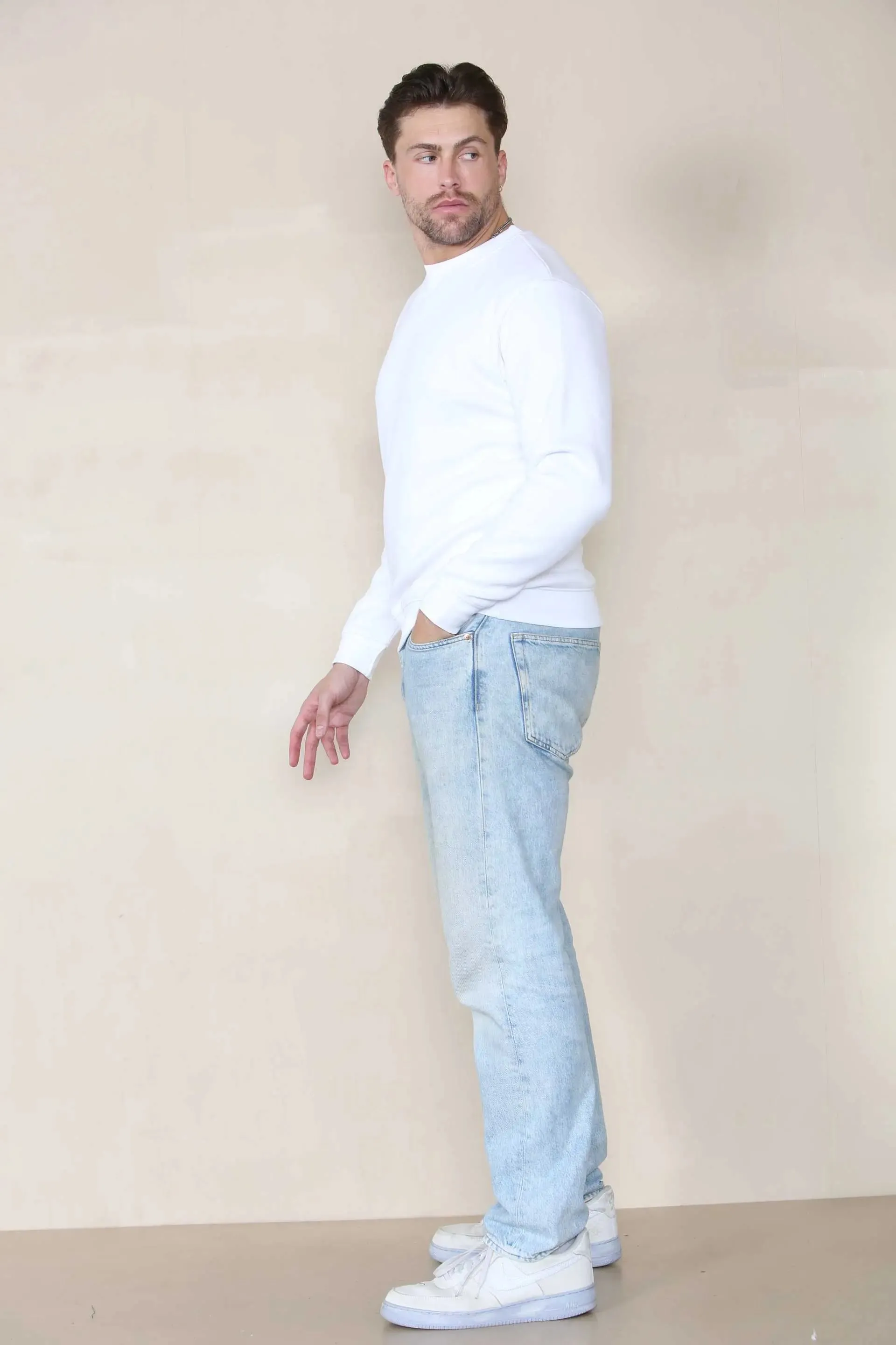 Basic Crew Neck Sweatshirt- White  For Men