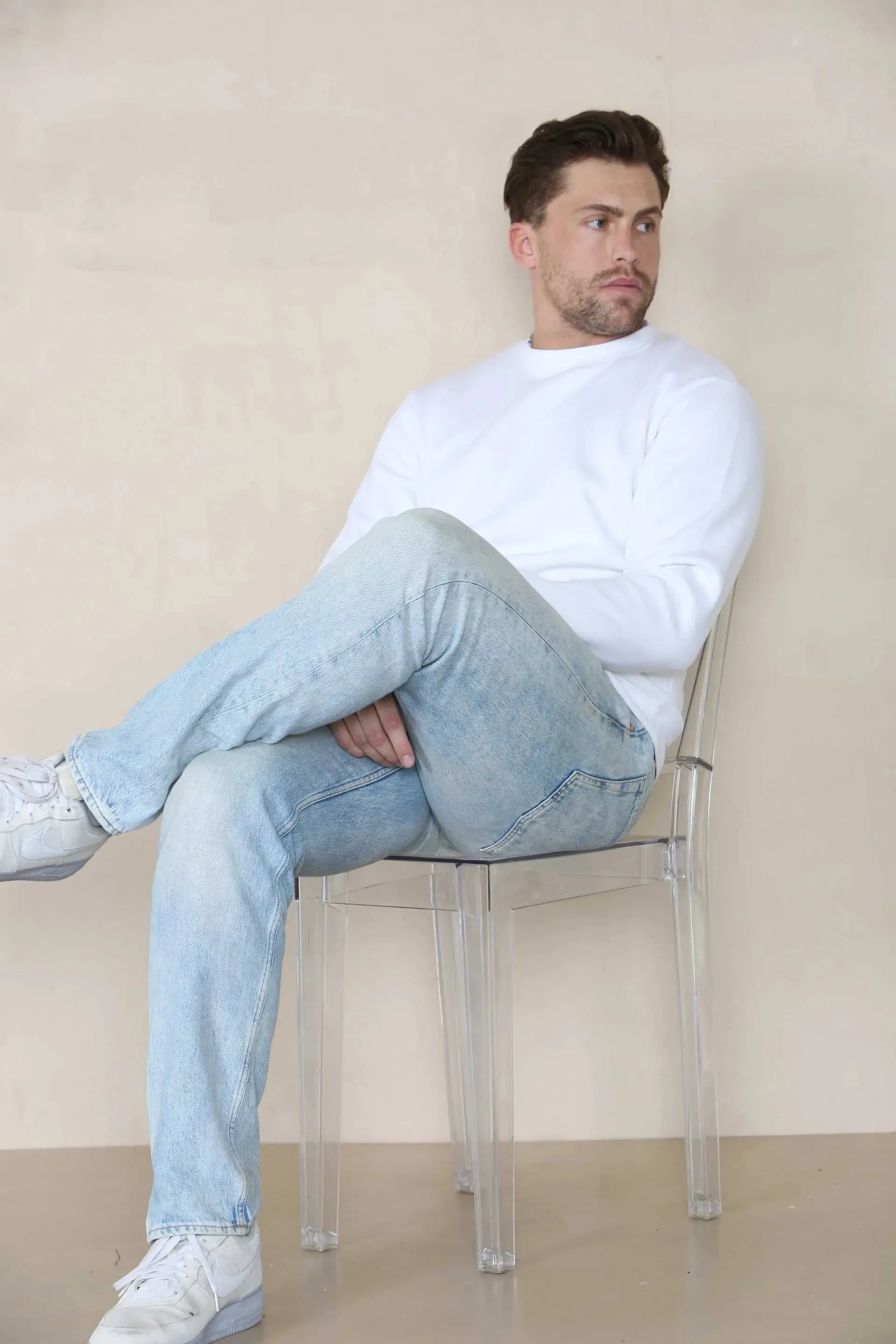 Basic Crew Neck Sweatshirt- White  For Men