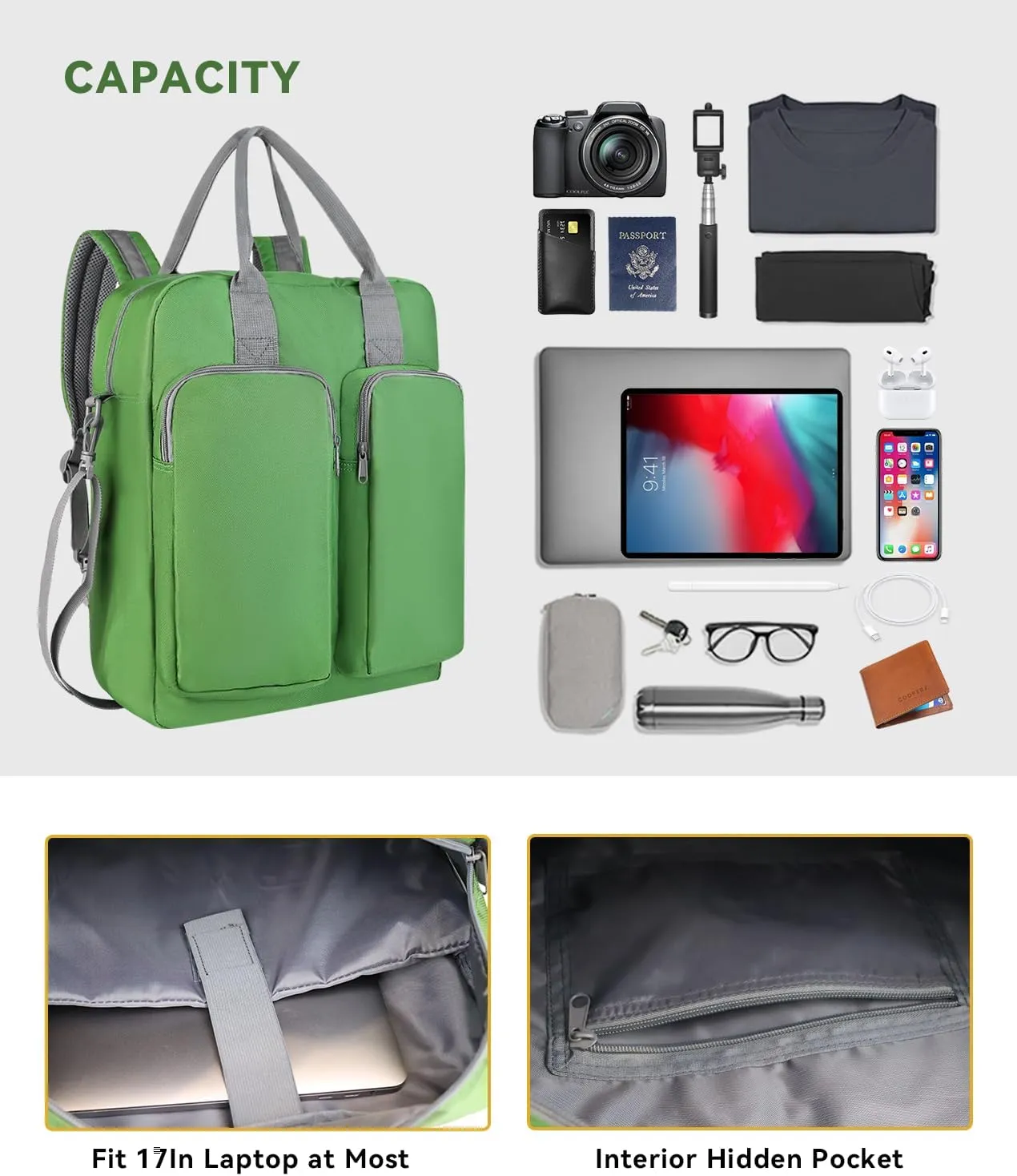 Carry on Backpack for Women Flight Approved, Frontier Airlines Personal Item Bag Fit for 17in Laptop (green, 17 inch)