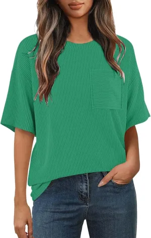 Casual Contrasting Striped Short Sleeved Pocket Round Neck T Shirt Fit Loose Comfortable Flowy Soft Tops