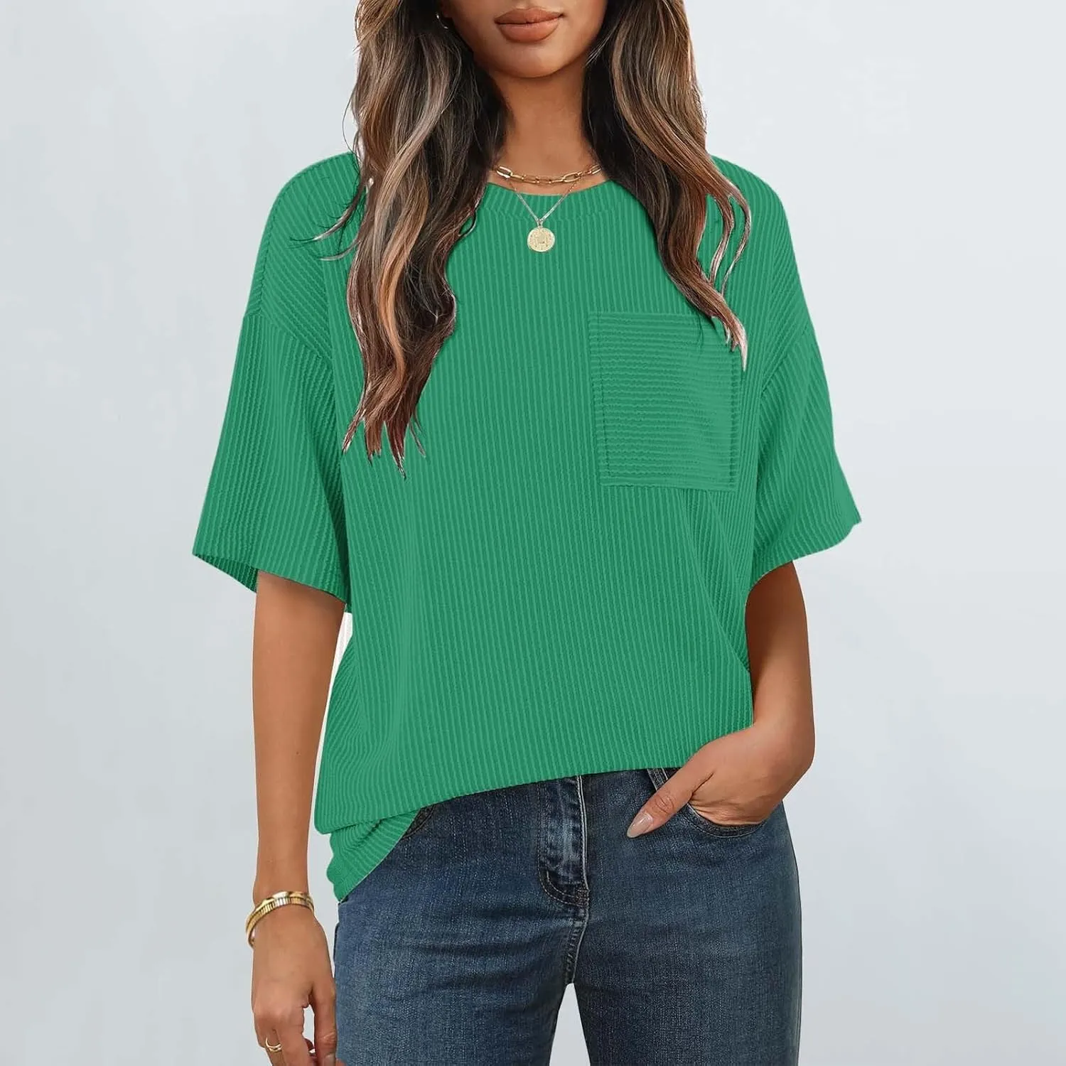 Casual Contrasting Striped Short Sleeved Pocket Round Neck T Shirt Fit Loose Comfortable Flowy Soft Tops