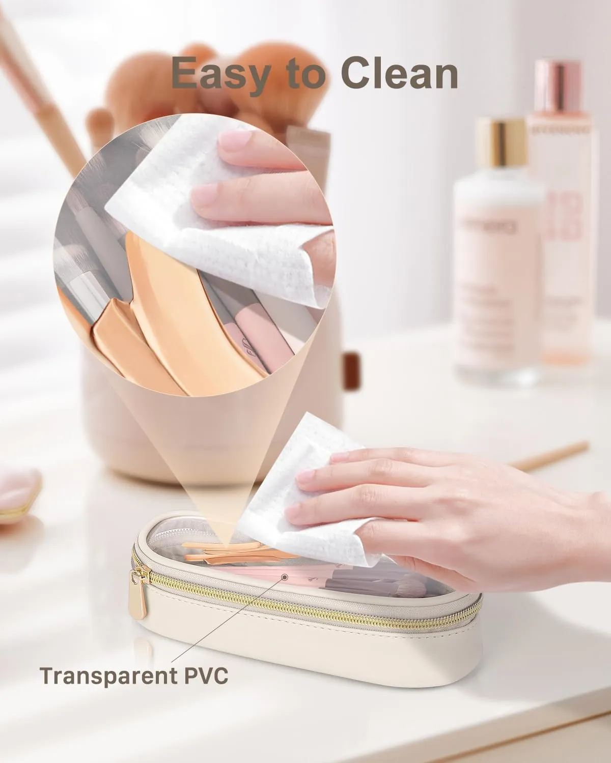 Clear Travel Makeup Brush Holder, Leather Makeup Brush Toiletry Bag, Portable Cosmetic Brush Case, Transparent Waterproof Makeup Brush Storage Bag, White