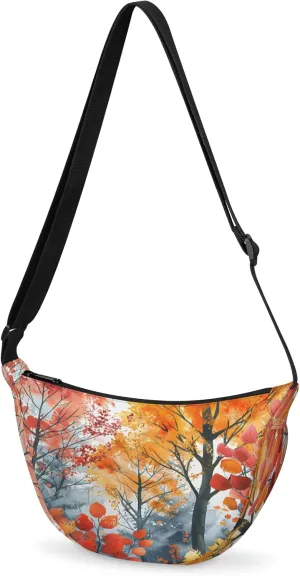 Crescent Crossbody Bag for Women & Men Lightweight Spacious Dumpling-style Sling Bag Adjustable Strap Zippers Travel Casual Use Suitable Autumn Maple Tree