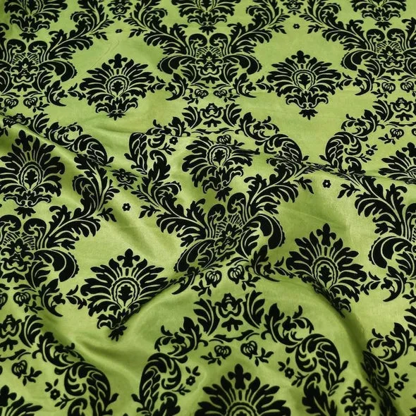 Damask Flocking Taffeta Table Runner in Black on Olive