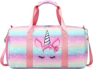 Dance Duffle Bag Girls Unicorn Kids Sports Gym Bag with Shoe Compartment & Wet Pocket Sleepover Overnight Weekender Travel Bag