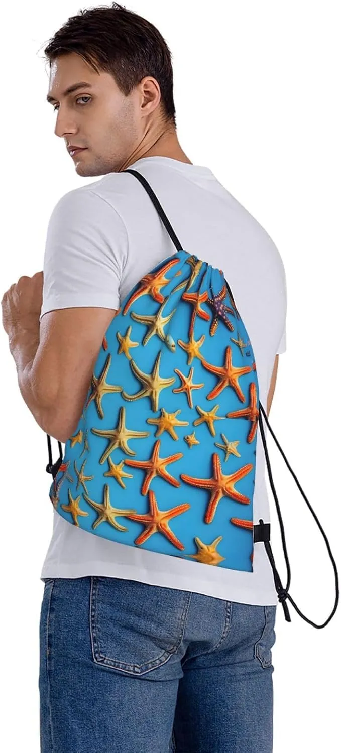 Drawstring Backpack for women,Versatile drawstring bag,Water-Resistant Cinch Bag,Gym sackpack-blue background with many starfish