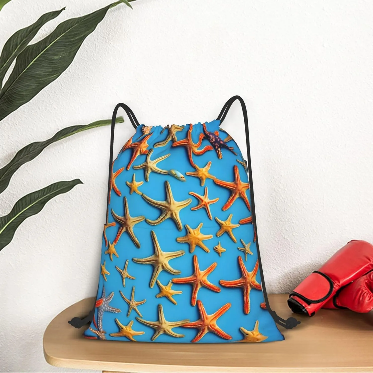 Drawstring Backpack for women,Versatile drawstring bag,Water-Resistant Cinch Bag,Gym sackpack-blue background with many starfish