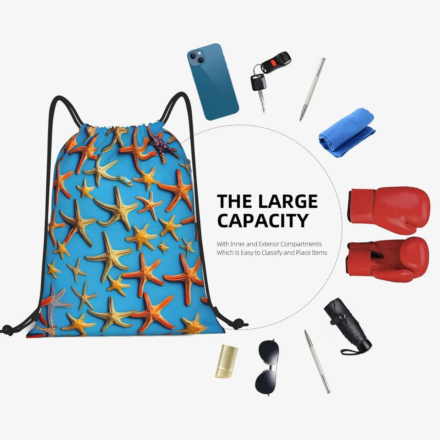 Drawstring Backpack for women,Versatile drawstring bag,Water-Resistant Cinch Bag,Gym sackpack-blue background with many starfish