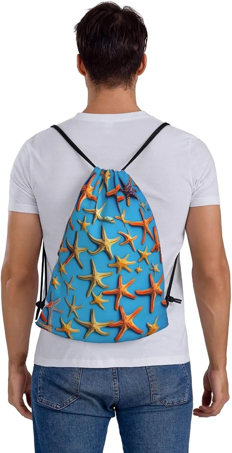 Drawstring Backpack for women,Versatile drawstring bag,Water-Resistant Cinch Bag,Gym sackpack-blue background with many starfish