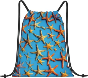 Drawstring Backpack for women,Versatile drawstring bag,Water-Resistant Cinch Bag,Gym sackpack-blue background with many starfish