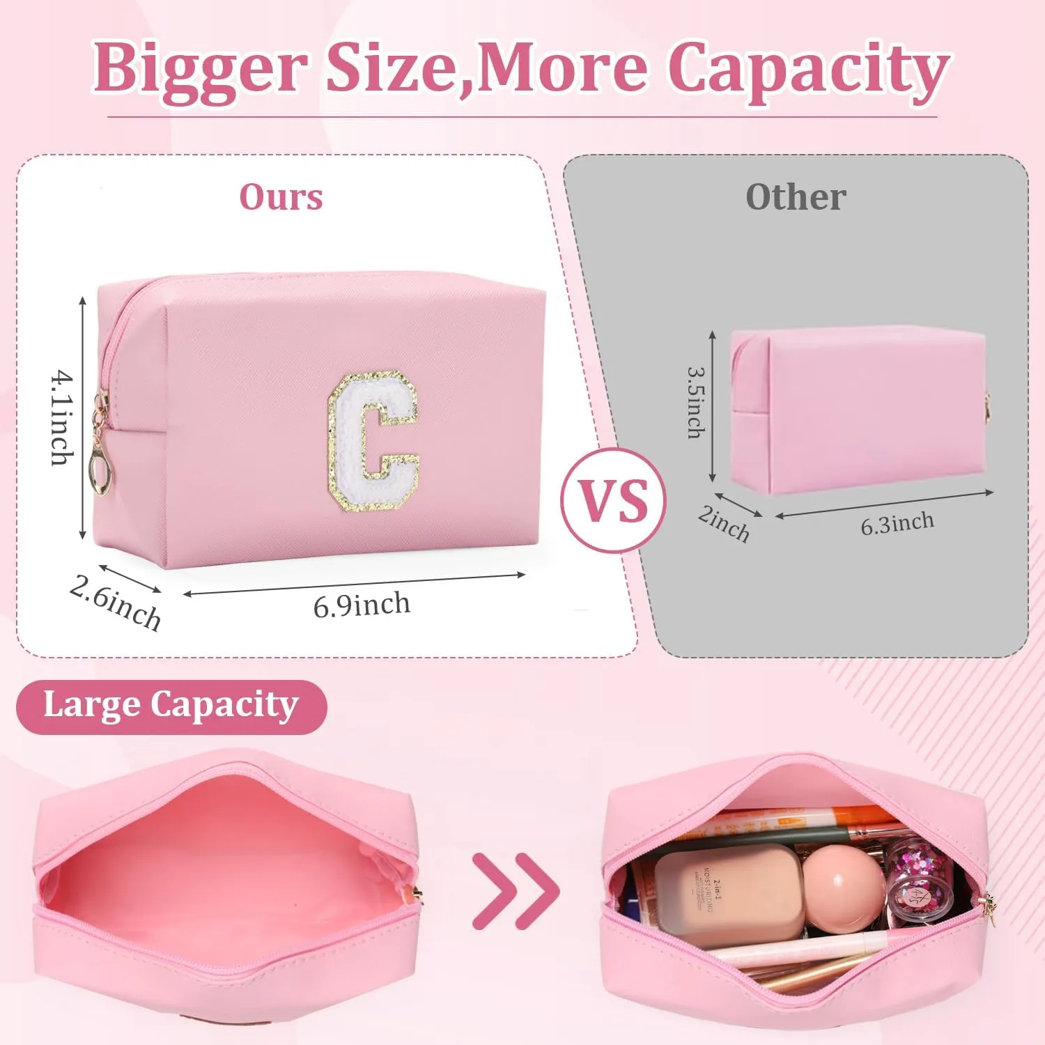 Etercycle Small Personalized Initial Letter Makeup Bag for Women, Cute Waterproof PU Leather Cosmetic Bag Travel Makeup Bag, Makeup Pouch Toiletry Pouch Organizer with Zipper (B, Pink)