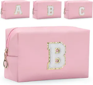 Etercycle Small Personalized Initial Letter Makeup Bag for Women, Cute Waterproof PU Leather Cosmetic Bag Travel Makeup Bag, Makeup Pouch Toiletry Pouch Organizer with Zipper (B, Pink)