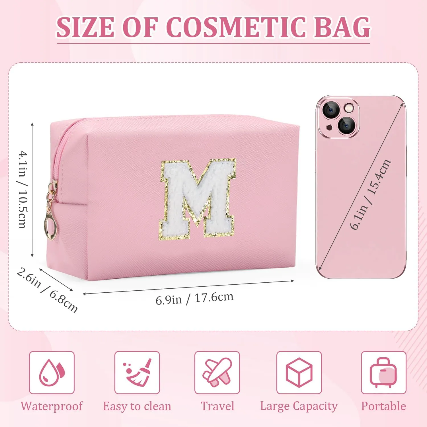 Etercycle Small Personalized Initial Letter Makeup Bag for Women, Cute Waterproof PU Leather Cosmetic Bag Travel Makeup Bag, Makeup Pouch Toiletry Pouch Organizer with Zipper (B, Pink)