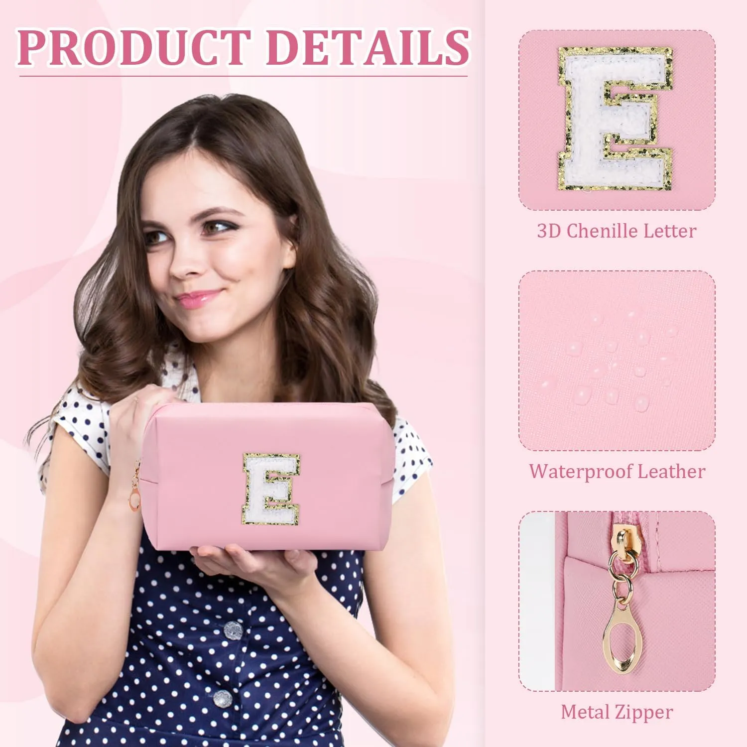 Etercycle Small Personalized Initial Letter Makeup Bag for Women, Cute Waterproof PU Leather Cosmetic Bag Travel Makeup Bag, Makeup Pouch Toiletry Pouch Organizer with Zipper (B, Pink)