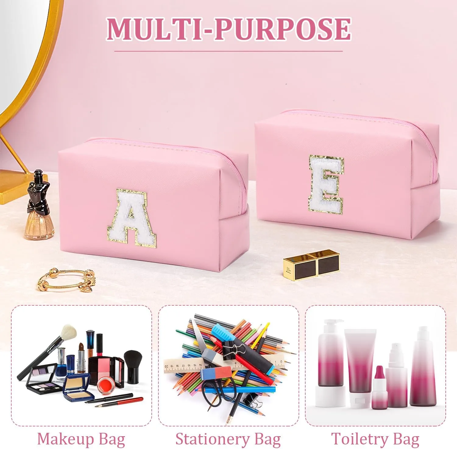 Etercycle Small Personalized Initial Letter Makeup Bag for Women, Cute Waterproof PU Leather Cosmetic Bag Travel Makeup Bag, Makeup Pouch Toiletry Pouch Organizer with Zipper (B, Pink)