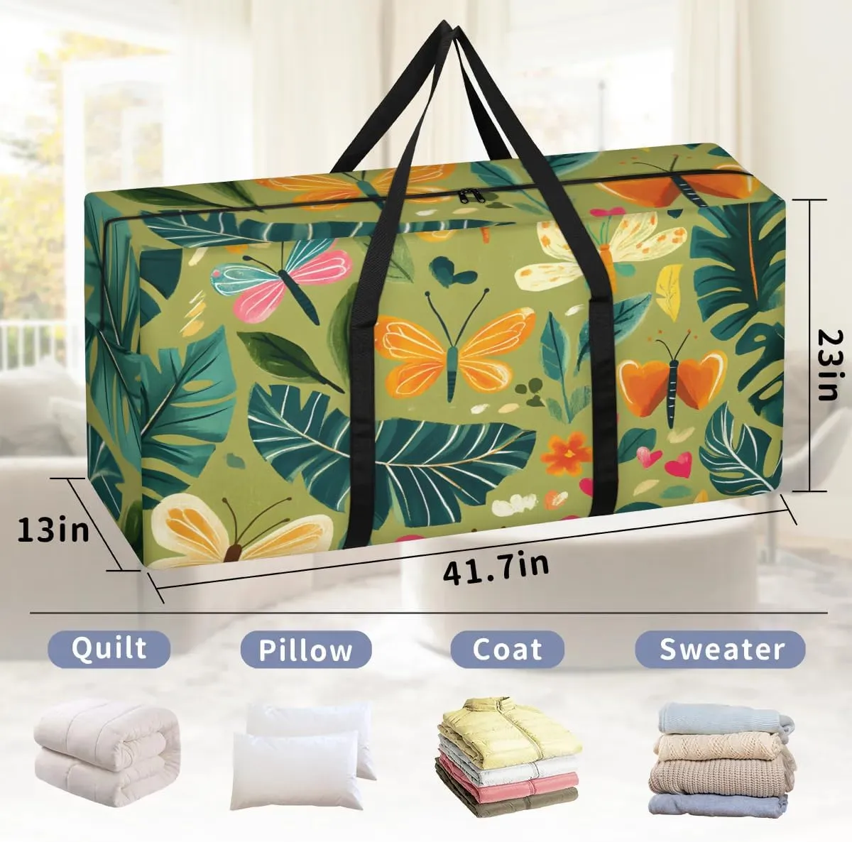 Extra Large Moving Bags Butterfly Palm Leaf Storage Bags with Handles and Zippers Large Packing Bags for Space Saving Storage Totes Moving Supplies