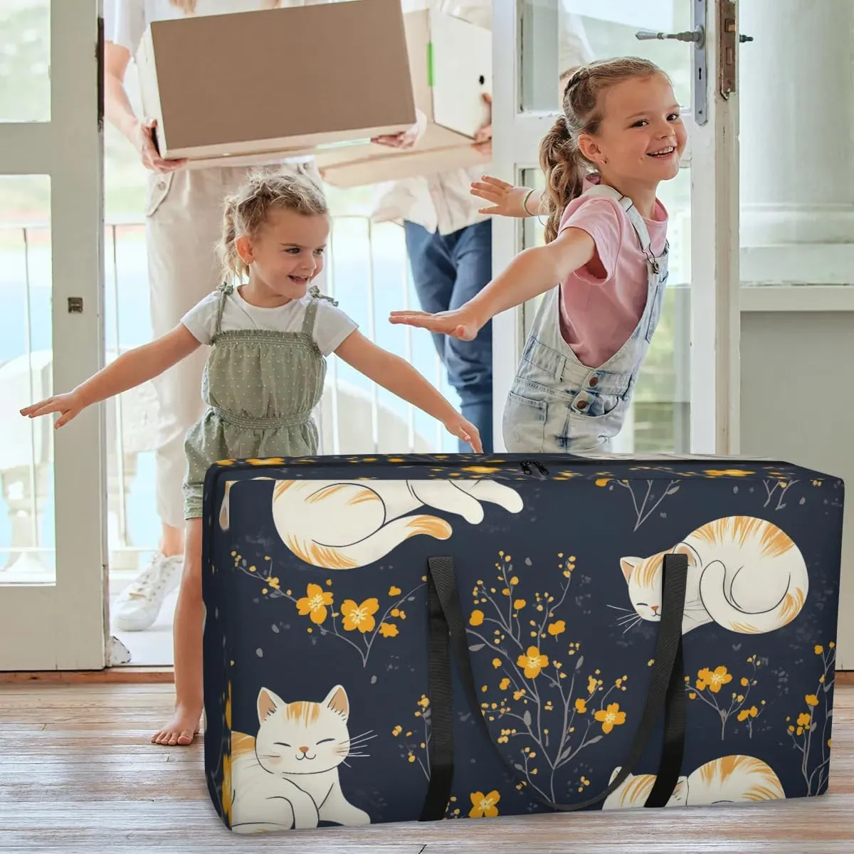 Extra Large Moving Bags Cats Flowers Storage Bags with Handles and Zippers Large Packing Bags for Space Saving Storage Totes Moving Supplies