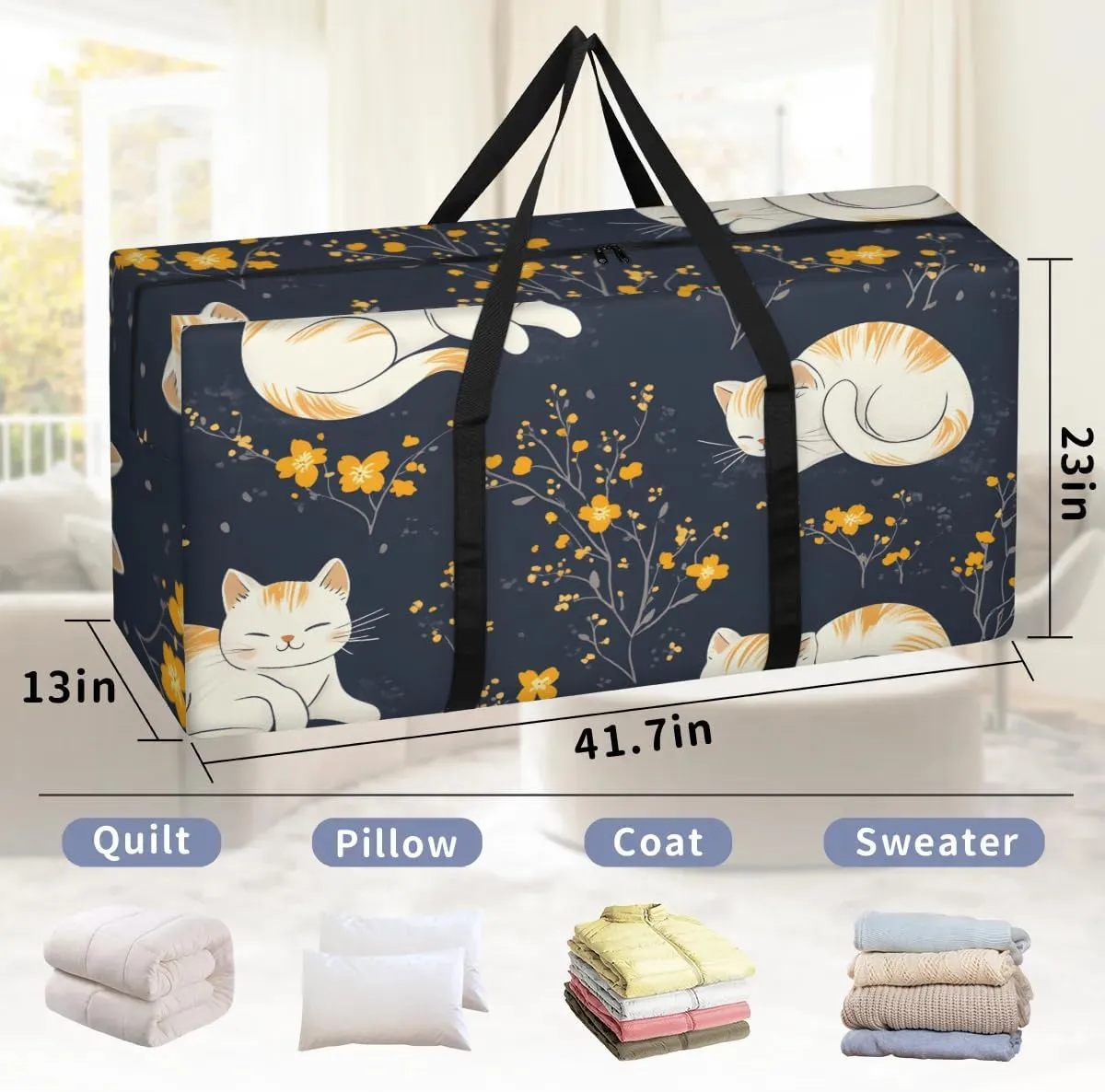 Extra Large Moving Bags Cats Flowers Storage Bags with Handles and Zippers Large Packing Bags for Space Saving Storage Totes Moving Supplies
