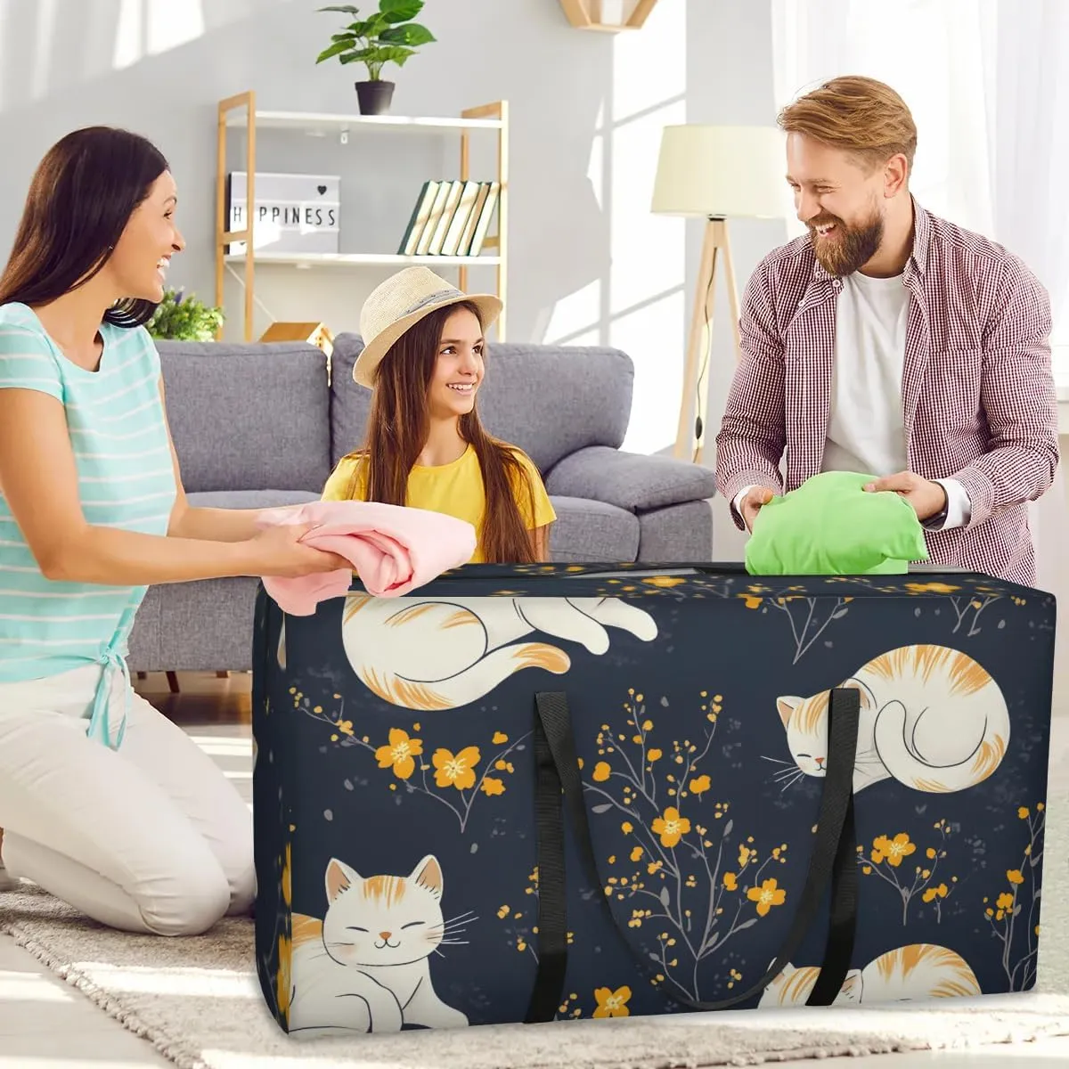 Extra Large Moving Bags Cats Flowers Storage Bags with Handles and Zippers Large Packing Bags for Space Saving Storage Totes Moving Supplies