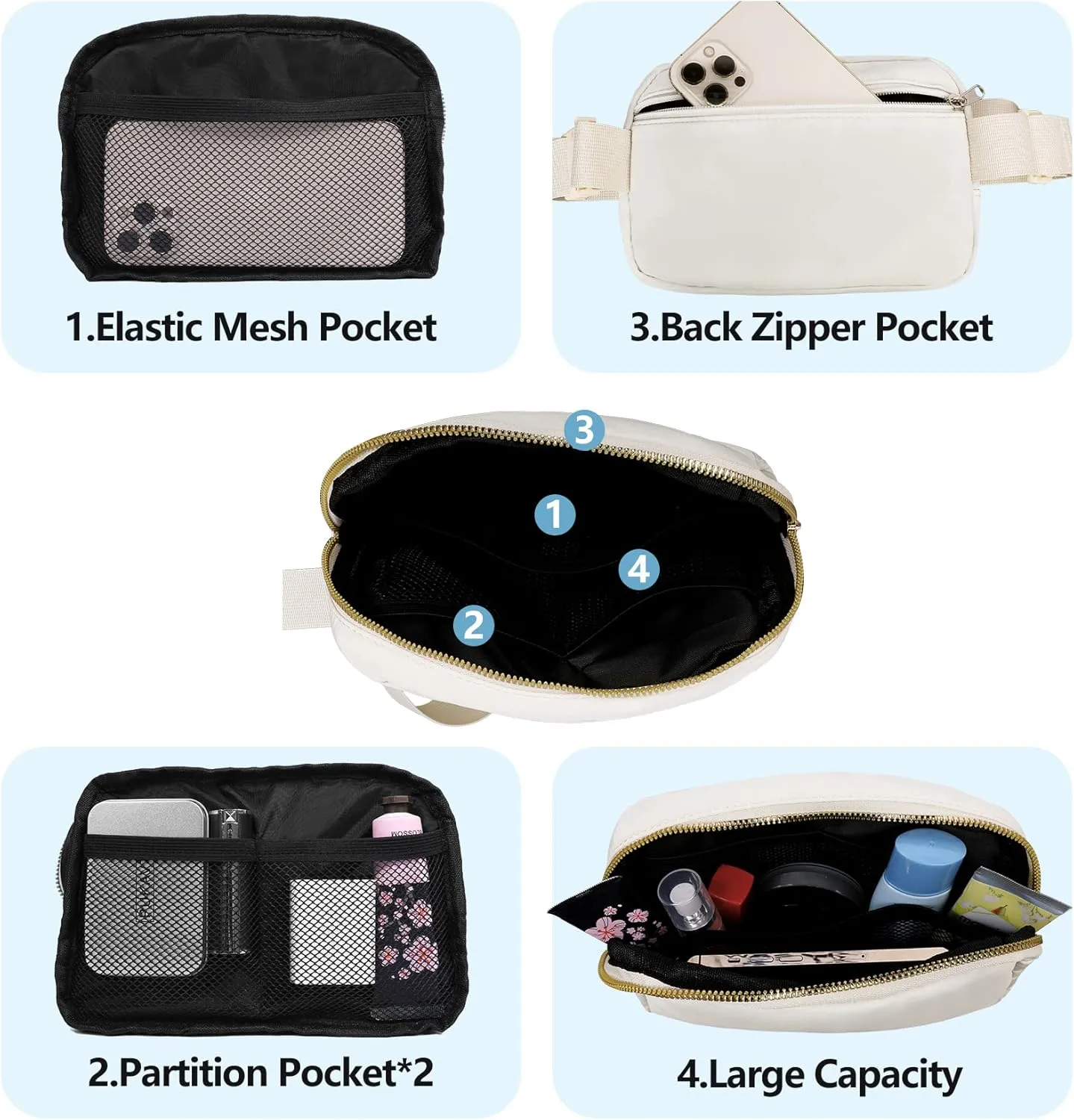 Fanny Pack Crossbody Bag for Women and Men, Belt Bag for Hiking Bum Bag with Adjustable Strap, Waist pack for Running Workout Sports Travel Off White
