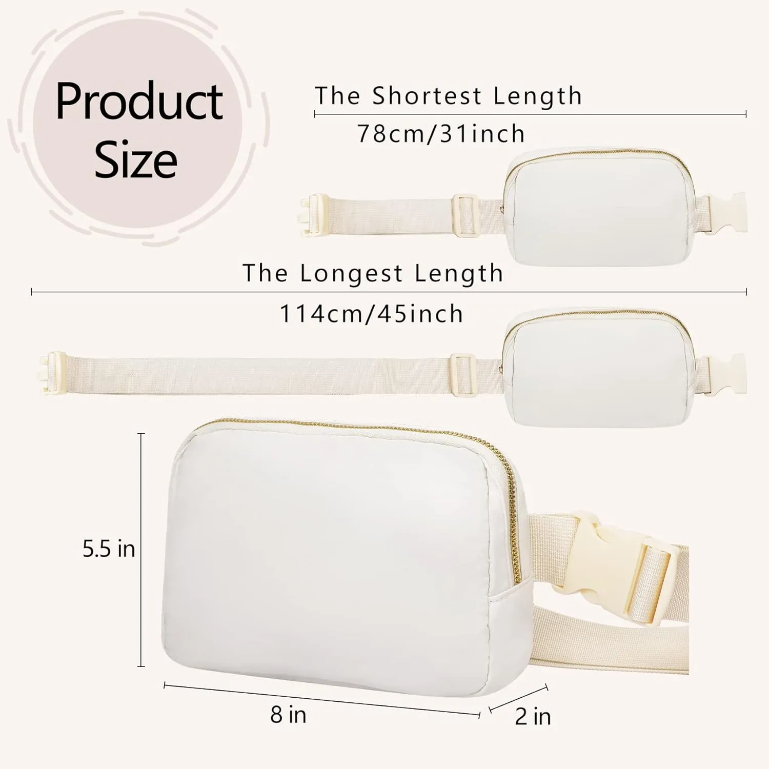 Fanny Pack Crossbody Bag for Women and Men, Belt Bag for Hiking Bum Bag with Adjustable Strap, Waist pack for Running Workout Sports Travel Off White
