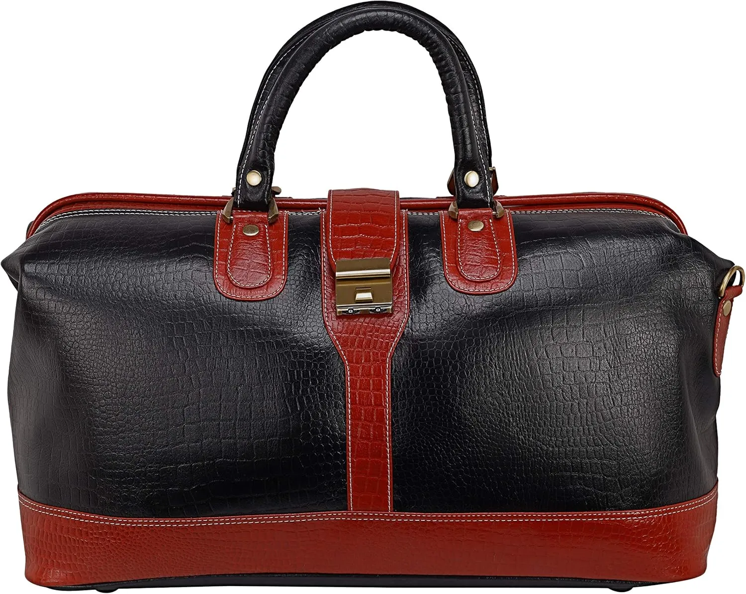 Full Grain Leather Duffel Luggage Travel Bag For Men And Women Travelling Holiday Overnight Weekend Cabin Duffel Foldable (Combination Croc Black)