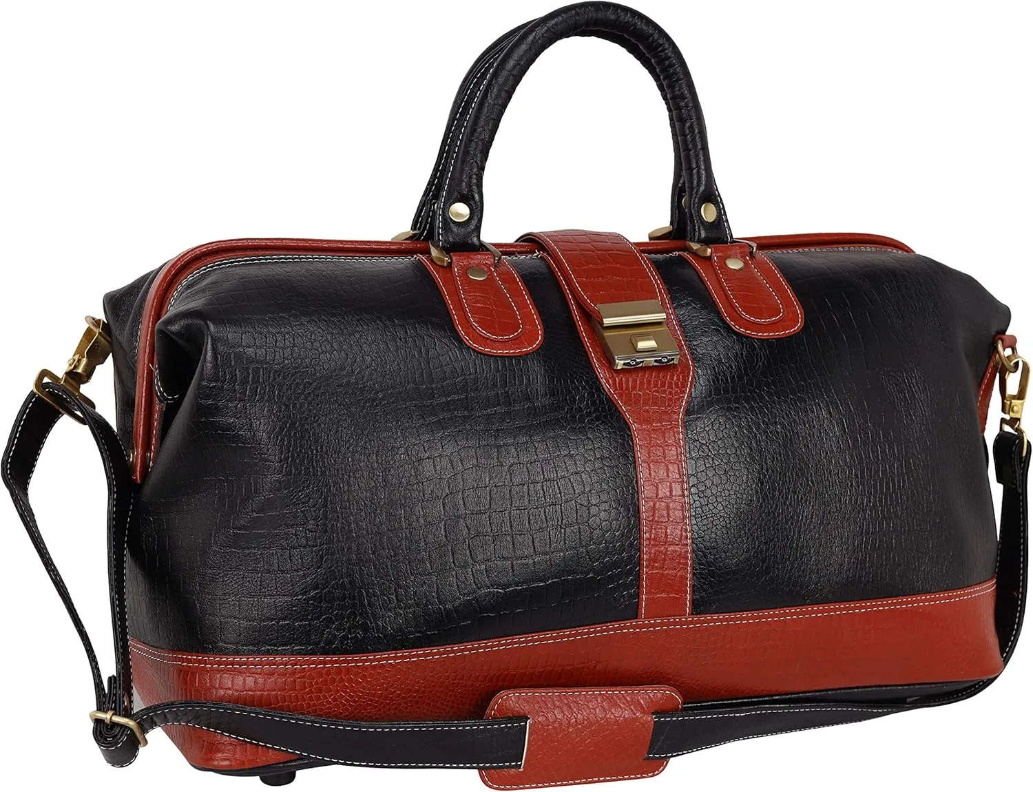 Full Grain Leather Duffel Luggage Travel Bag For Men And Women Travelling Holiday Overnight Weekend Cabin Duffel Foldable (Combination Croc Black)
