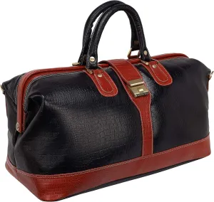 Full Grain Leather Duffel Luggage Travel Bag For Men And Women Travelling Holiday Overnight Weekend Cabin Duffel Foldable (Combination Croc Black)