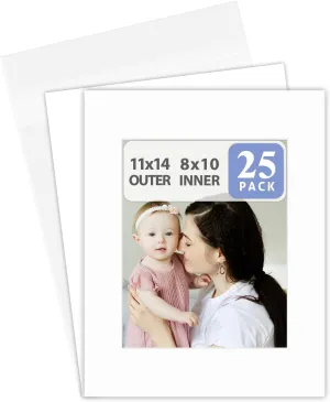 Golden State Art, Acid Free, Pack of 25 11x14 White Picture Mats Mattes with White Core Bevel Cut for 8x10 Photo   Backing   Bags