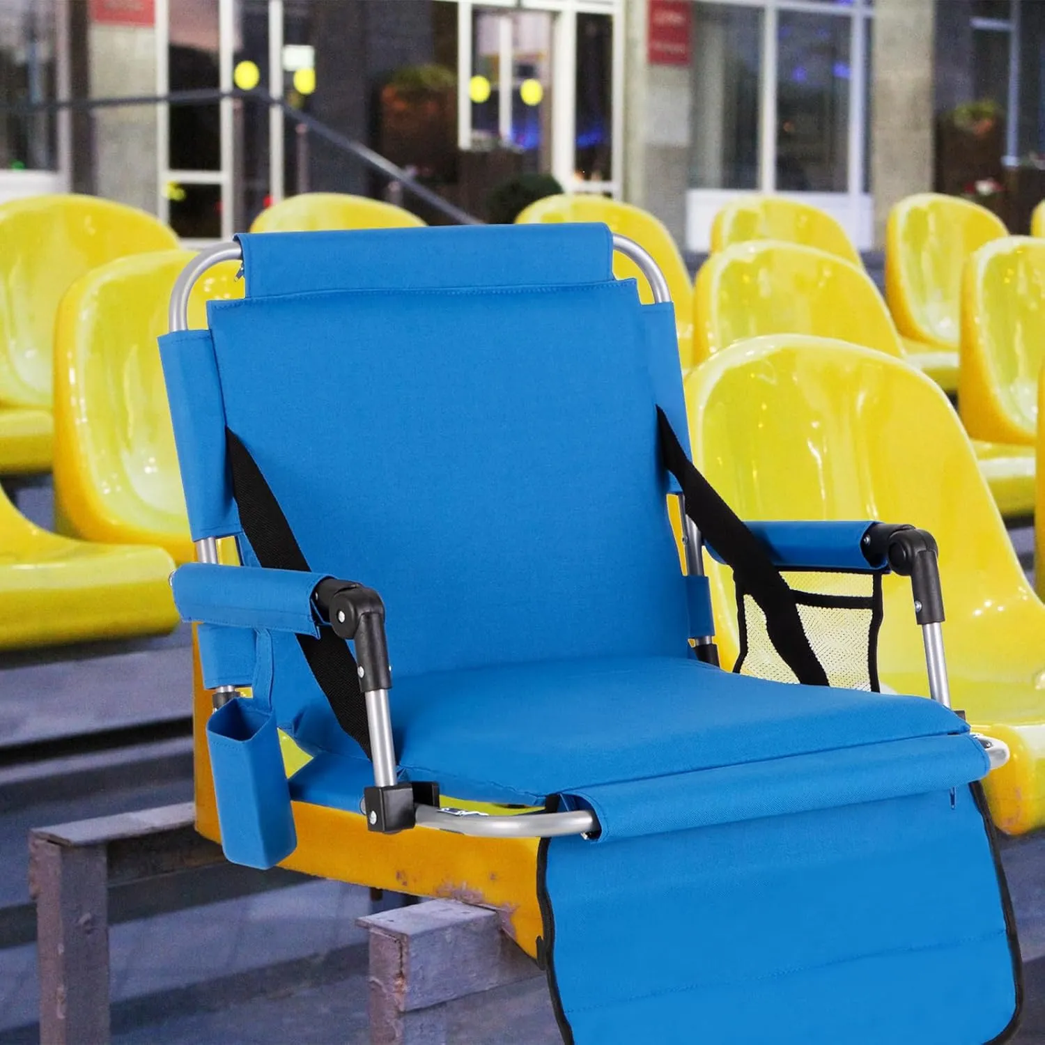 GREEN PARTY Stadium Seat for Bleachers Portable Outdoor Floor Folding Stadium Chair with Armrest, Back Support, Cup Holder, Mesh Bag and Hide Hooks