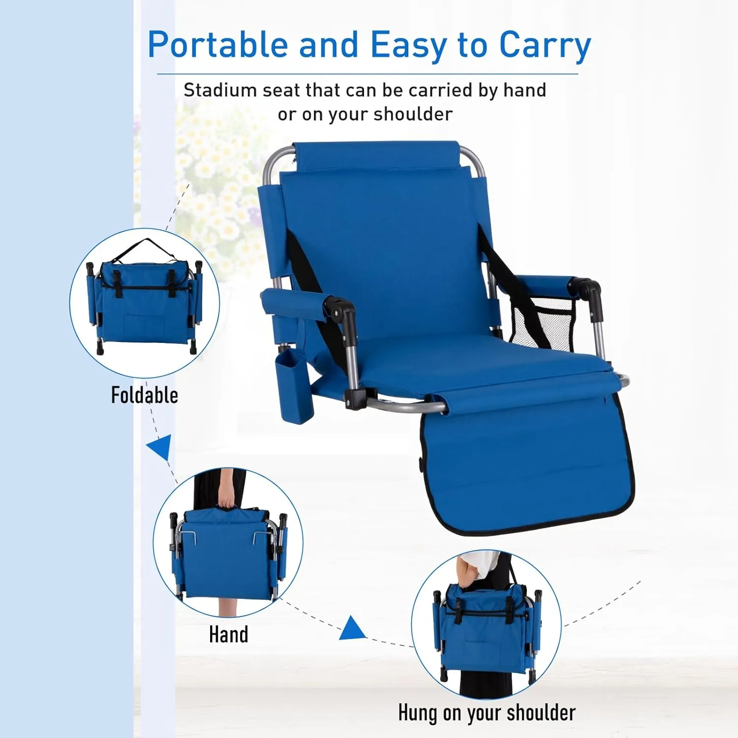 GREEN PARTY Stadium Seat for Bleachers Portable Outdoor Floor Folding Stadium Chair with Armrest, Back Support, Cup Holder, Mesh Bag and Hide Hooks