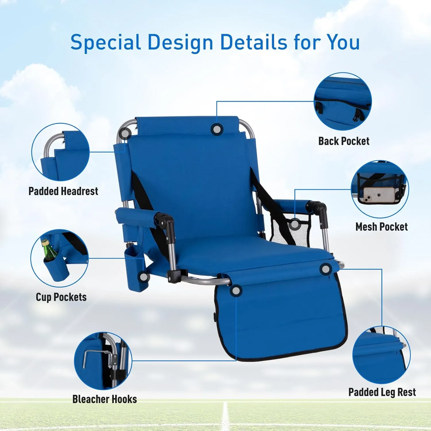 GREEN PARTY Stadium Seat for Bleachers Portable Outdoor Floor Folding Stadium Chair with Armrest, Back Support, Cup Holder, Mesh Bag and Hide Hooks