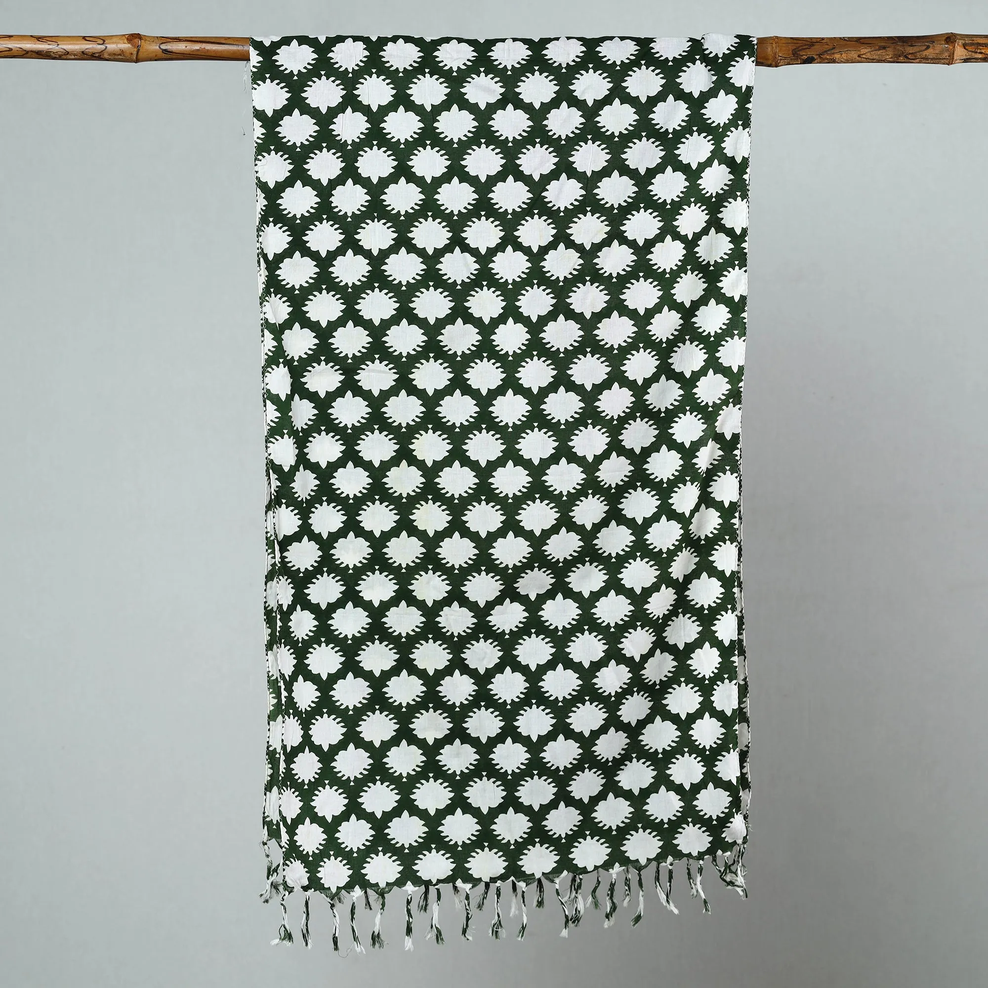 Green - Sanganeri Block Printed Cotton Stole with Tassels 03