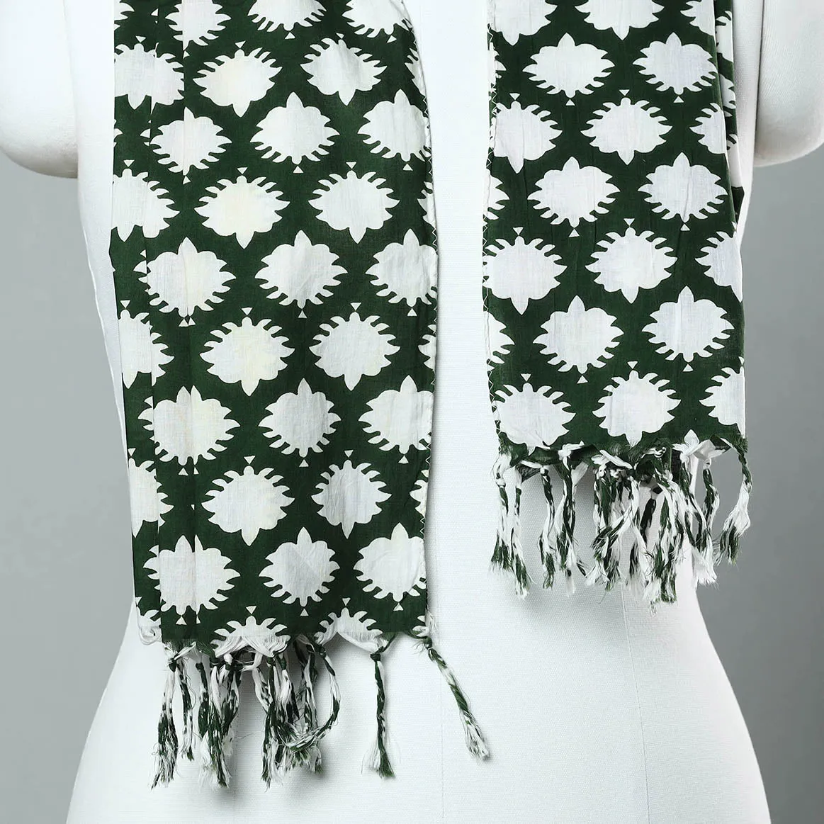 Green - Sanganeri Block Printed Cotton Stole with Tassels 03