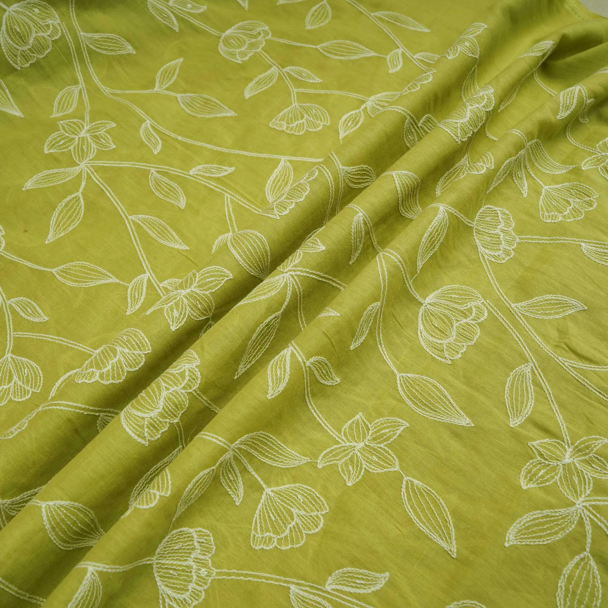 Green Thread Embroidery Chanderi Fabric WI-24374