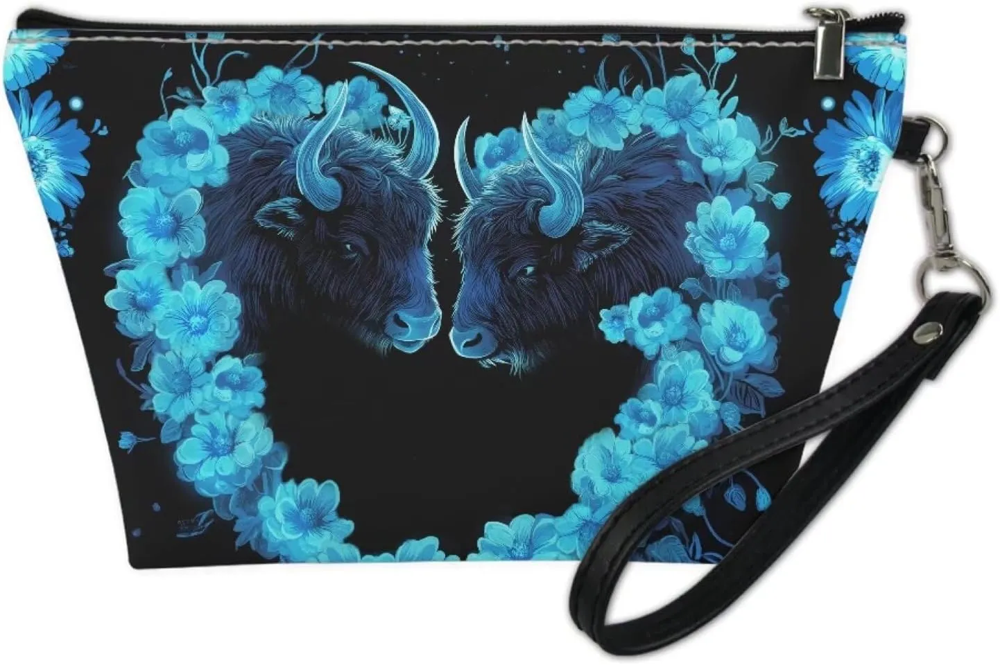 Howilath Blue Floral Cow Print Cosmetic Bag with Wrist Strap PU Leather Makeup Bag Waterproof Toiletry Storage Pouch