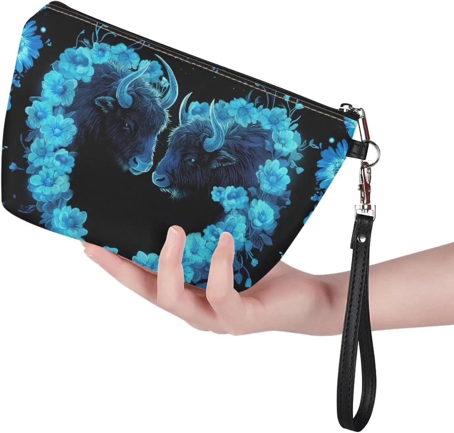 Howilath Blue Floral Cow Print Cosmetic Bag with Wrist Strap PU Leather Makeup Bag Waterproof Toiletry Storage Pouch