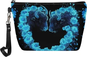 Howilath Blue Floral Cow Print Cosmetic Bag with Wrist Strap PU Leather Makeup Bag Waterproof Toiletry Storage Pouch