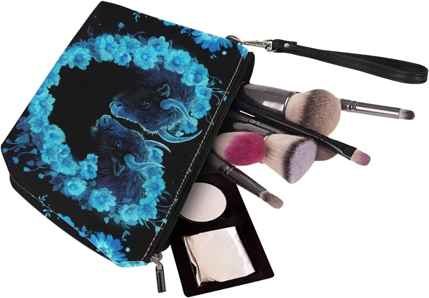 Howilath Blue Floral Cow Print Cosmetic Bag with Wrist Strap PU Leather Makeup Bag Waterproof Toiletry Storage Pouch