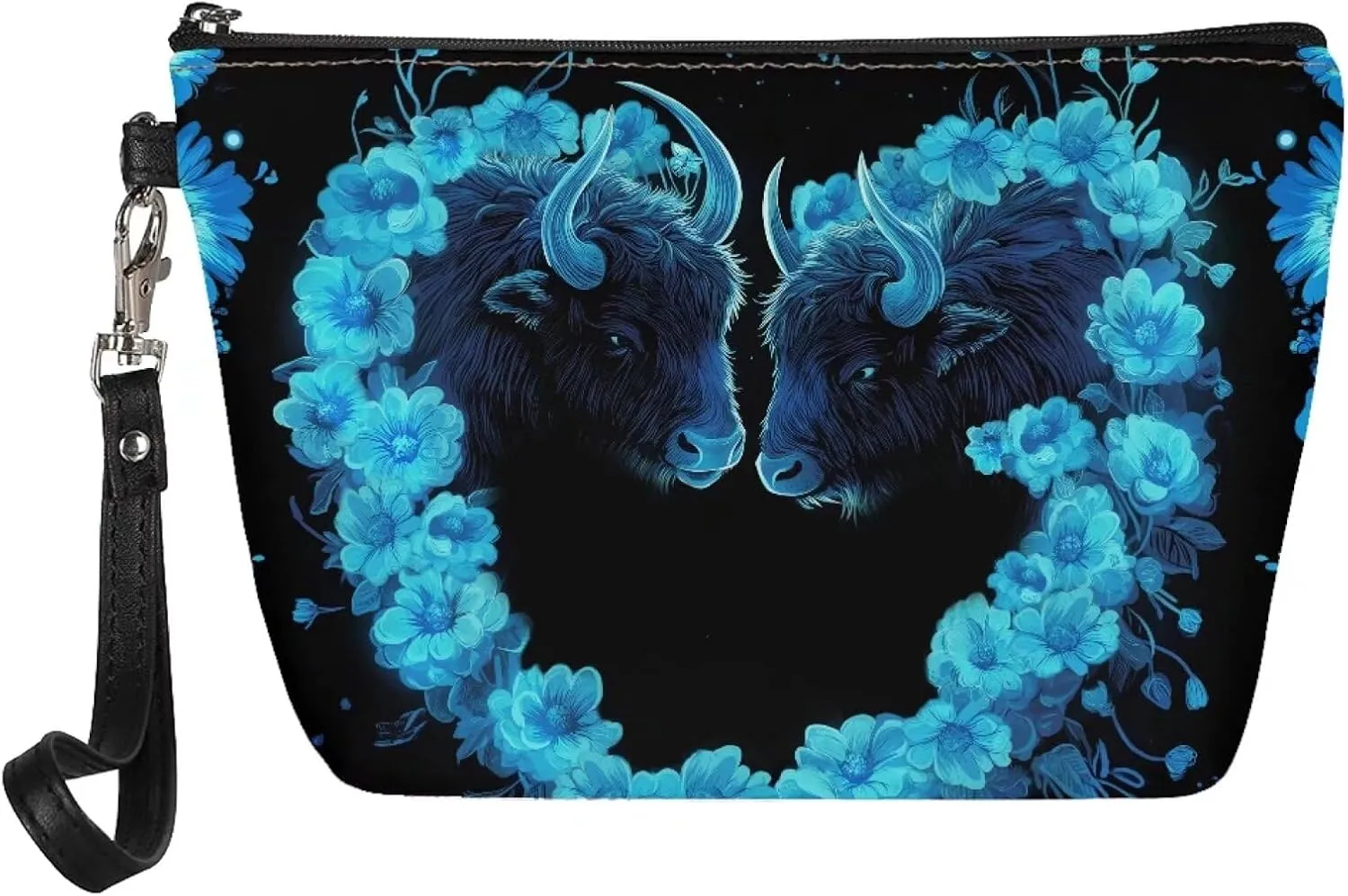 Howilath Blue Floral Cow Print Cosmetic Bag with Wrist Strap PU Leather Makeup Bag Waterproof Toiletry Storage Pouch