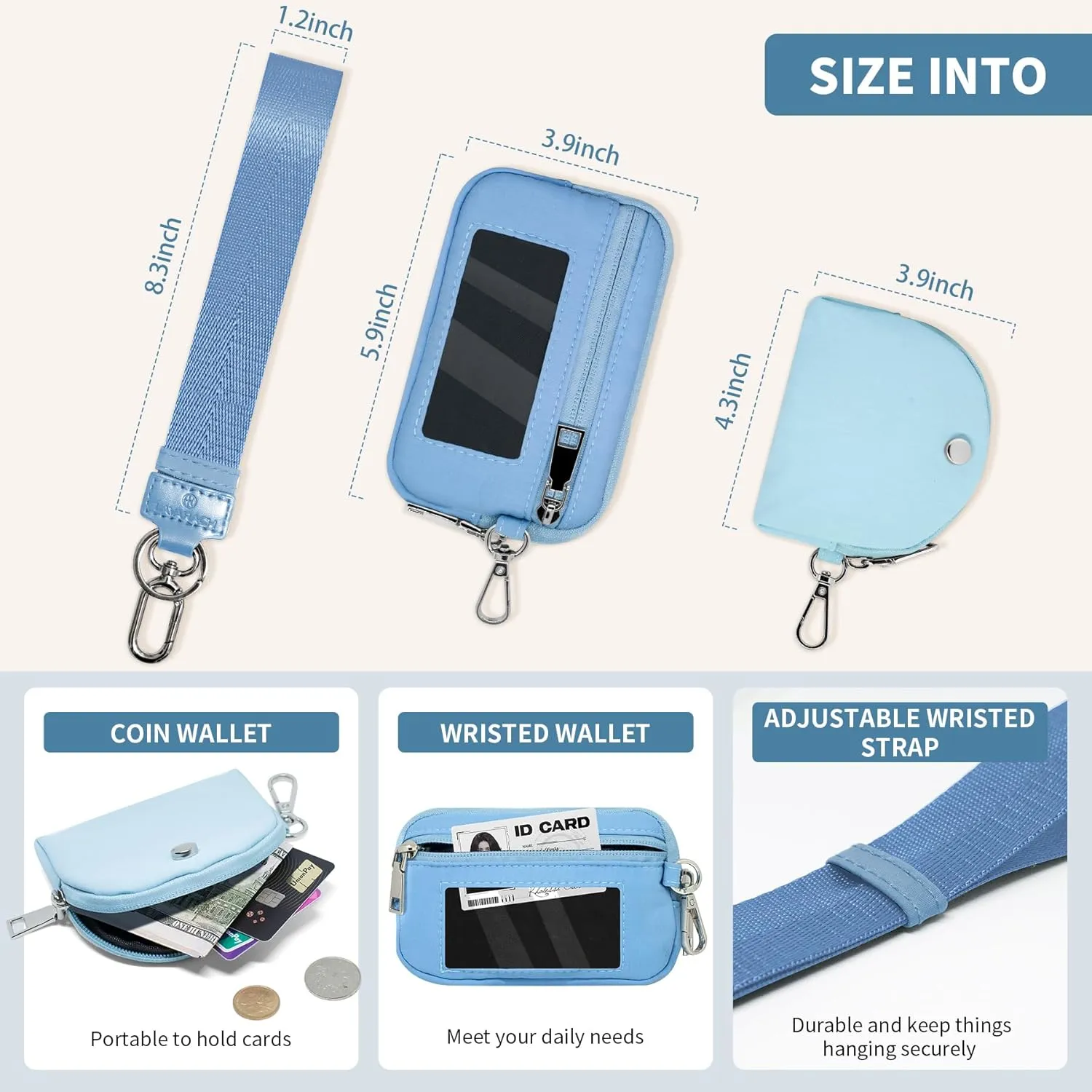 Keychain Wristlet Wallet for Women Zippered Dual Pouch Wristlet Nylon Coin Purse Small Wallet with Key Ring