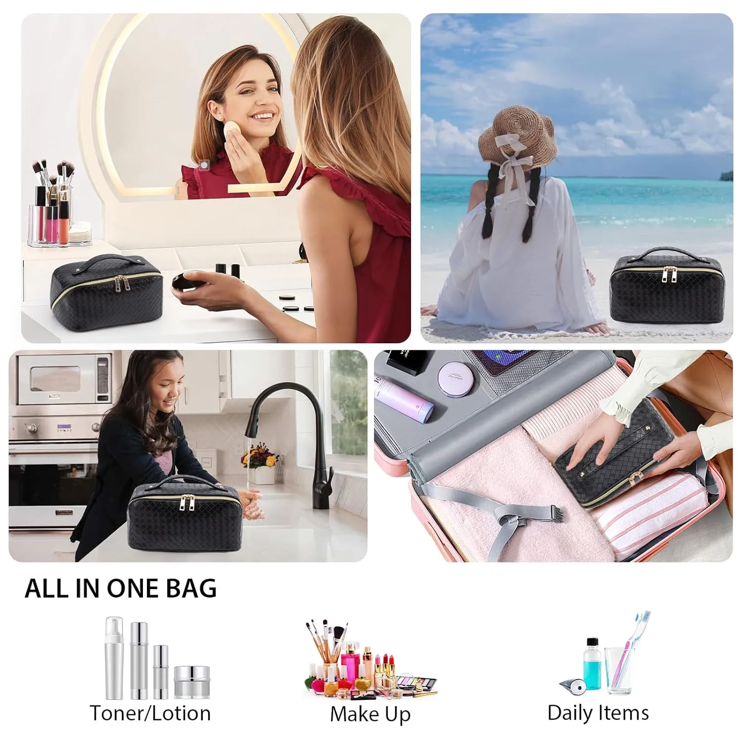 Large Capacity Travel Makeup Bag for Women, Waterproof Portable Cosmetic Bag with Compartments, Foldable Flat Lay Design for Easy Access, Perfect for Toiletries & Beauty Essentials (Black)