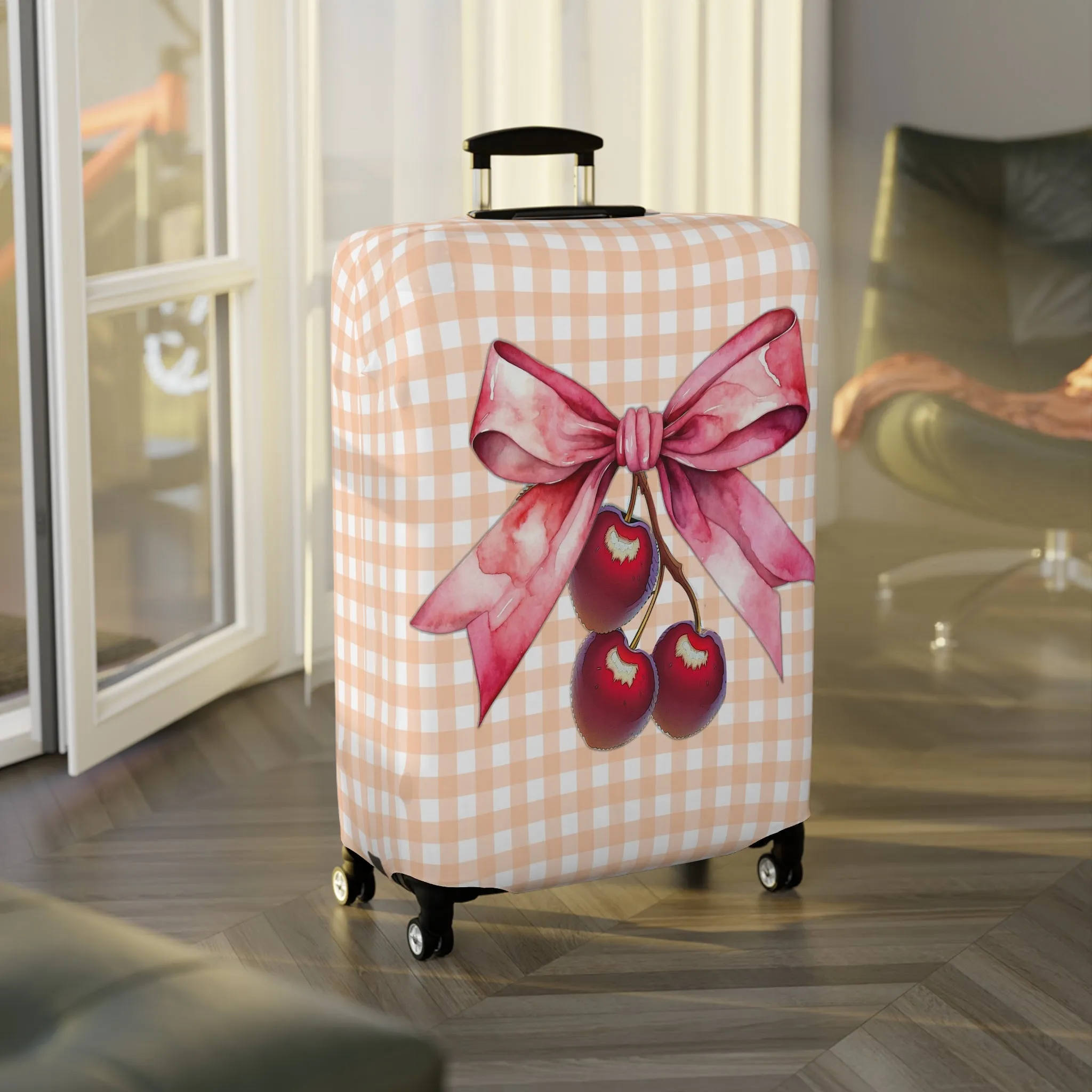Luggage Cover, Rockabilly, Coquette, Pastel Orange Gingham, Cherries and Ribbon, awd-2510